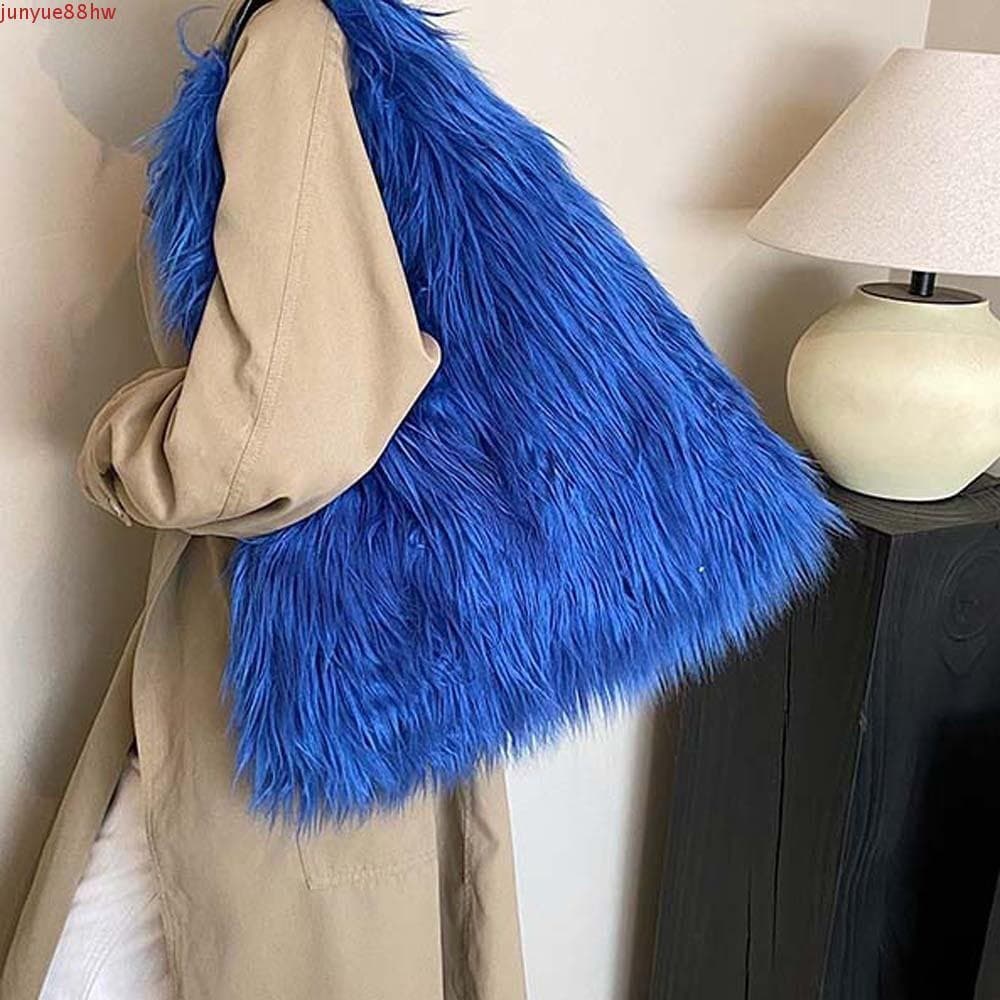 JUNYUE Bolsa Feminina De Pele Sintética , Sacola Peluda Portátil Macia , De Ombro De Pelúcia Com Listra De Botão