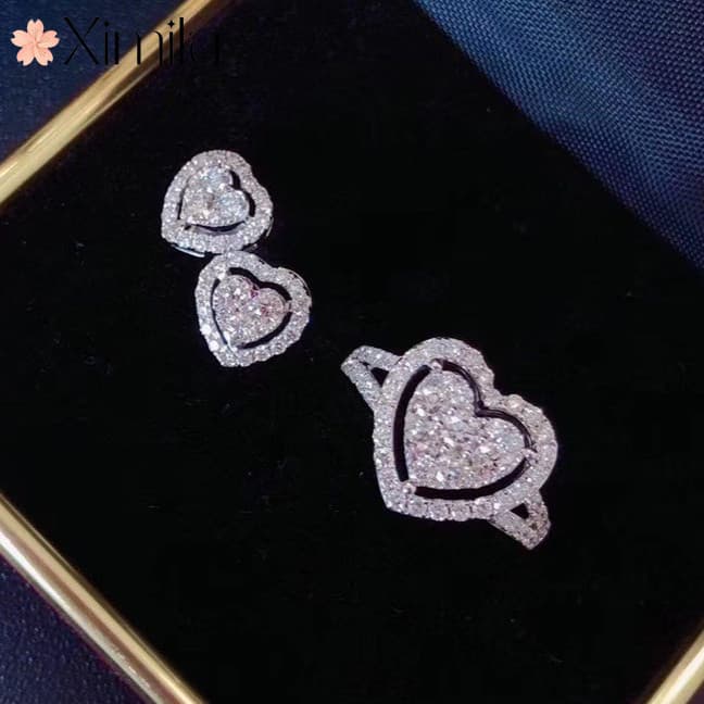 ♥Luxo luz luxo grupo de luxo incrustado grande amor Moissanite anel diamante meninas brincos de prata esterlina moda jói