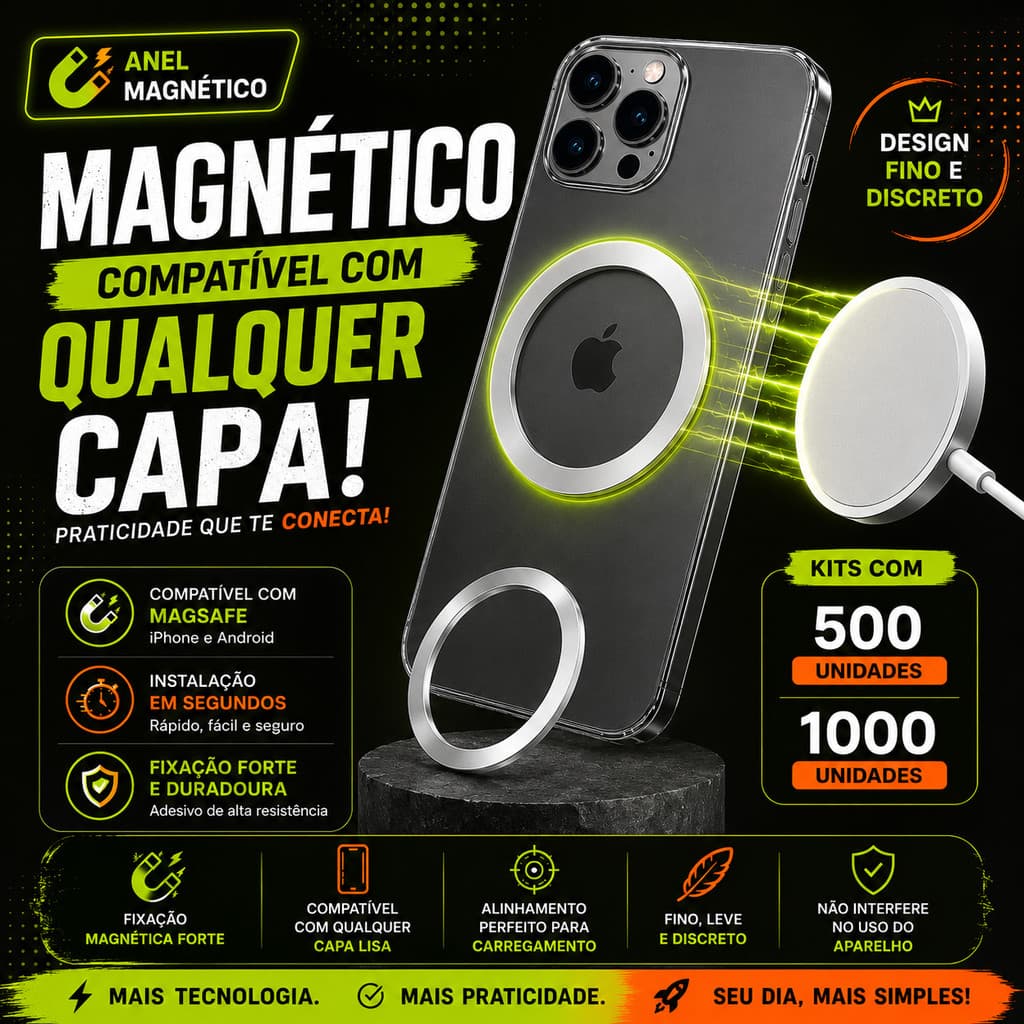 ANEL MAGNÉTICO MAGSAFE UNIVERSAO PARA CELULLAR COMPATÍVEL COM  CAPA CARREGOR MAGNÉTCO KITS COM 500 E MIL UNIDADES