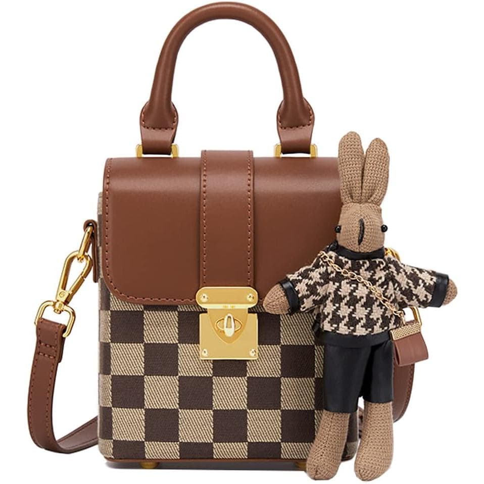 Bolsa de Ombro Transversal com Padrão Romboidal para Mulheres, Bolsa Cilíndrica, Bolsa de Mão com Boneca de Coelho XTTS