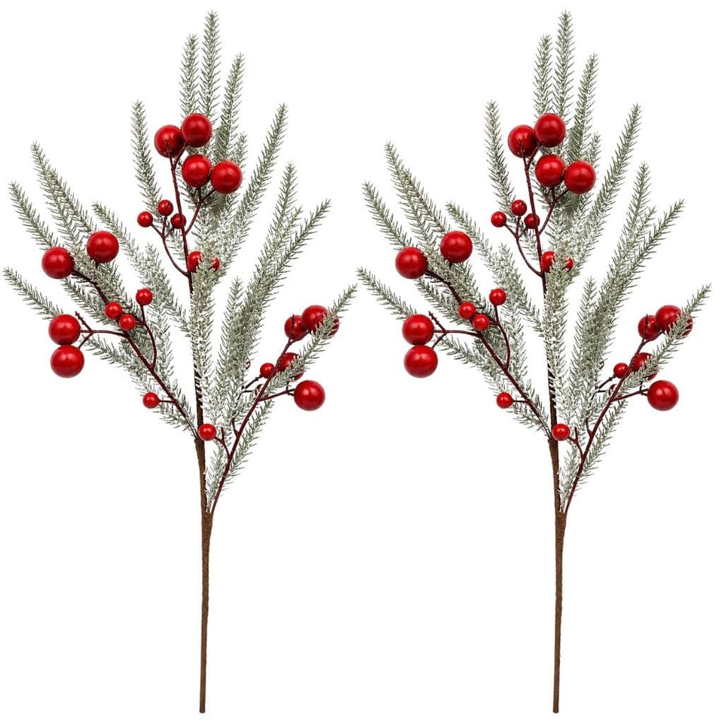 Jogo 2 Galhos Decorativo Natalino Pinheiro Nevado com Azevinhos Vermelhos Luxo 65cm - Mundial Casa
