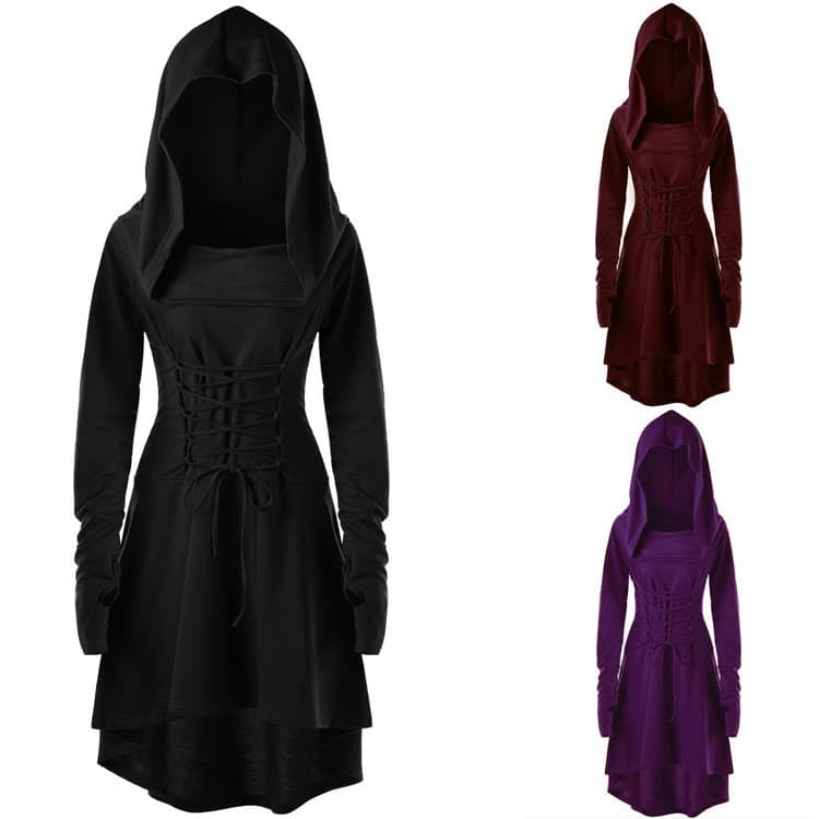 Comércio exterior venda quente senhoras cor sólida férias desempenho roupas de manga comprida com capuz vestido amarrado
