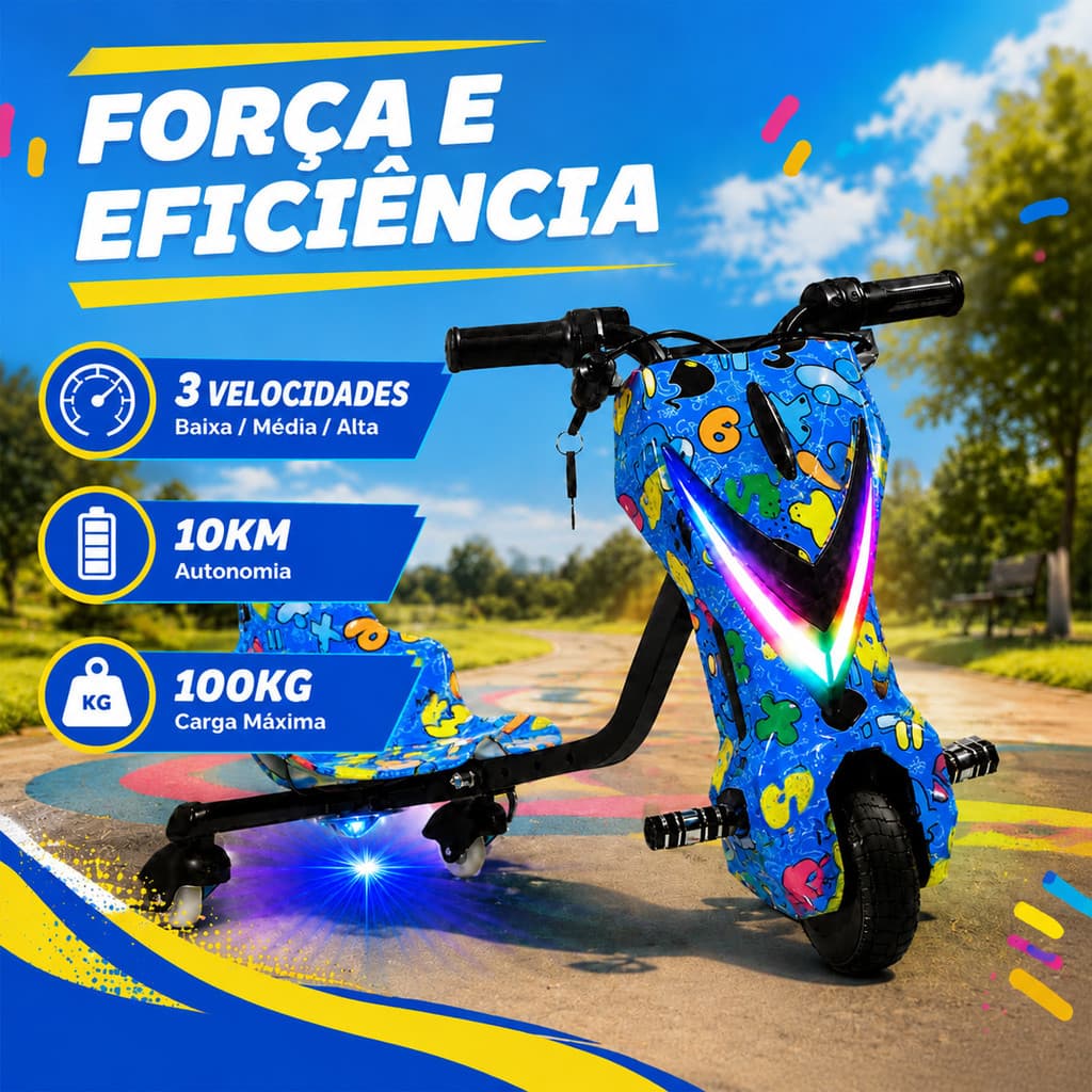 ✨Triciclo Drift Infantil Recarregável 36V 350W Elétrico LED  3 Velocidades✨Blue number✨