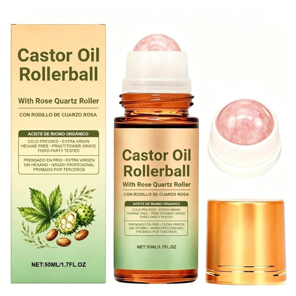 Óleo de Rícino Orgânico Roll-On com Esfera de Quartzo Rosa - Óleo Hidratante de Beleza Prensado a Frio para Sobrancelhas