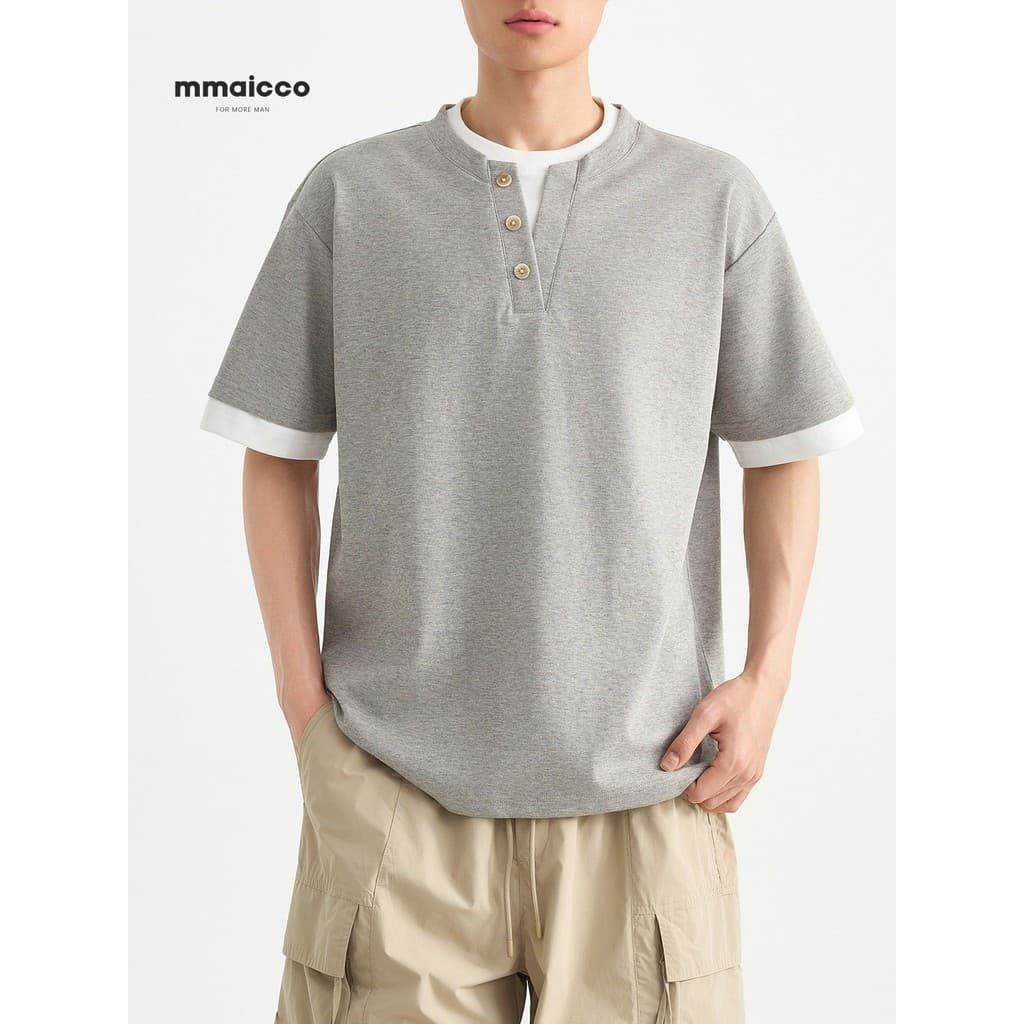 Momaike Camiseta masculina americana casual falsa de duas peças de manga curta 2026 verão novo estilo Henry Collar camis