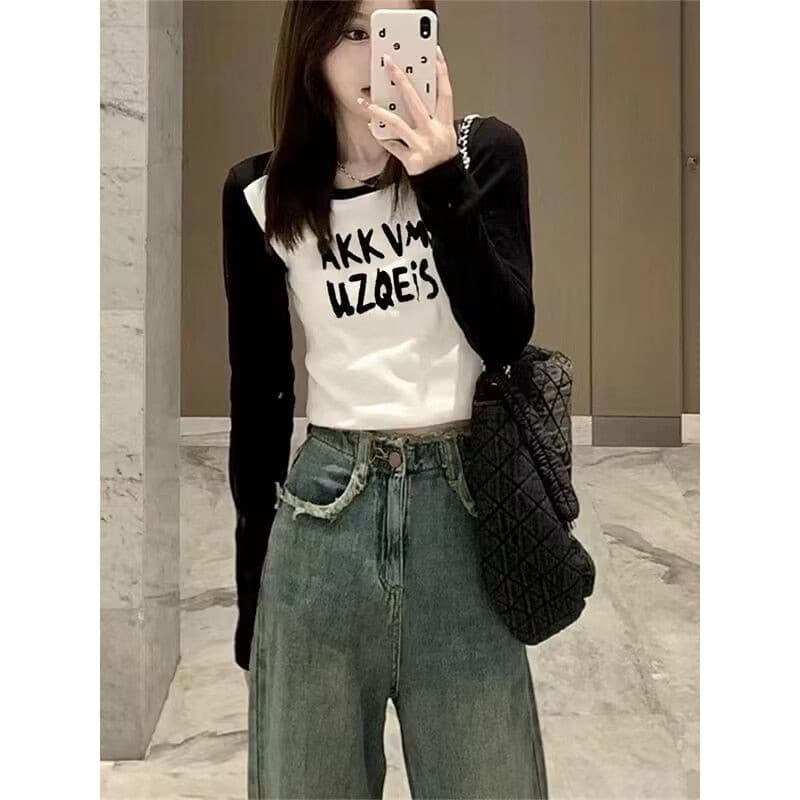 Americano Retro curto carta camiseta feminina outono novo estilo doce quente menina de manga comprida camisa de fundo De