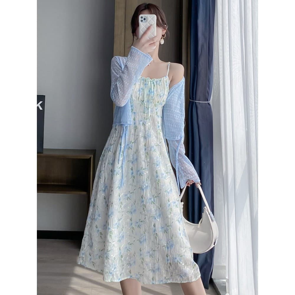 Floral estilingue vestido feminino verão francês pequena saia longa beira-mar férias saia pequeno fresco 2025 novo estil