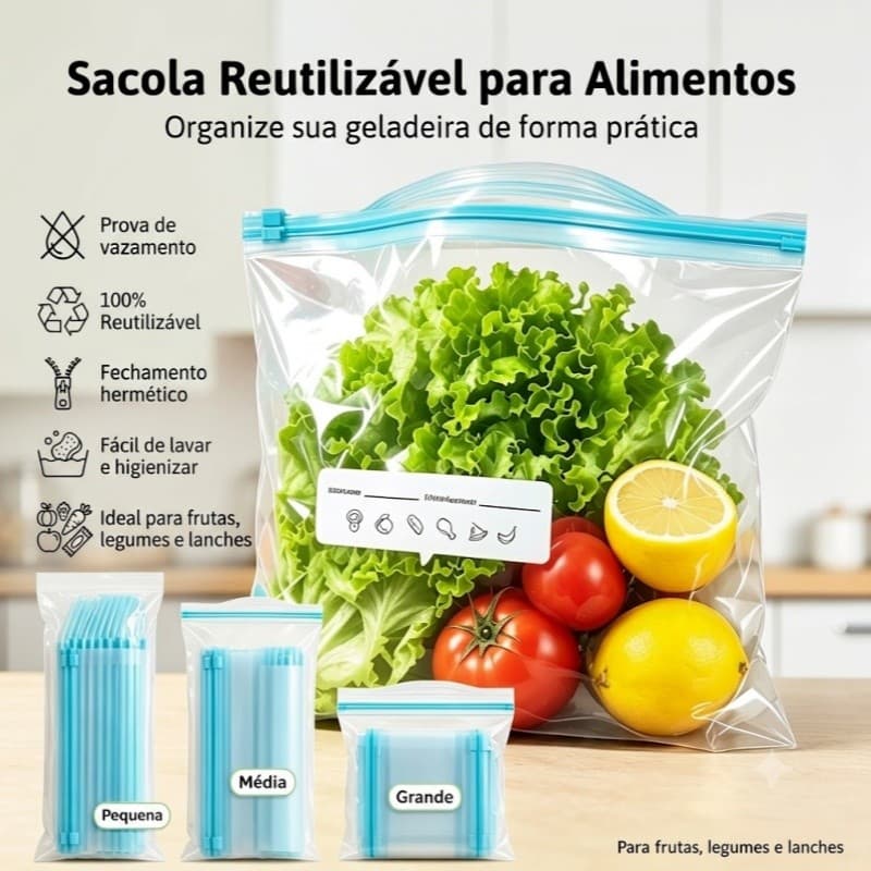 Kit 40 Sacos Herméticos Reutilizáveis Para Armazenamento de Alimentos Congelador Vedação Segura Mantém Comida Fresca