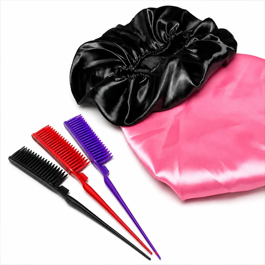 Kit 5 Peças Para Cabelos 3 Pentes  fileiras + 2 Toucas de Cetim