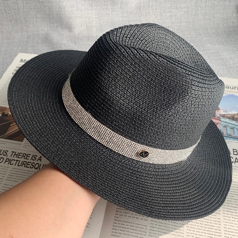 Chapéu de sol preto de verão, chapéu de palha dobrável para homens e mulheres, aba plana, aba larga, chapéu panamá, prai