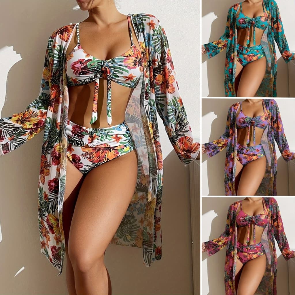 Elegante Conjunto de Biquíni Feminino de 3 Peças com Estampa Floral, Cardigã e Sutiã 4JMA