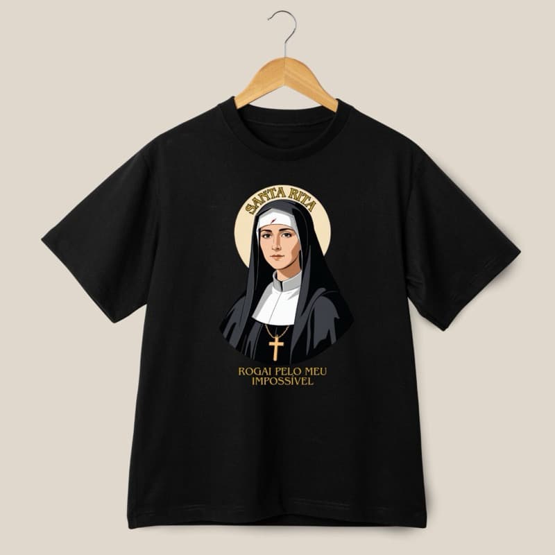Camiseta Unissex Católica Santa Rita de Cássia Rogai pelo nosso impossível T-shirt Blusa Infantil Adulto Plus Size
