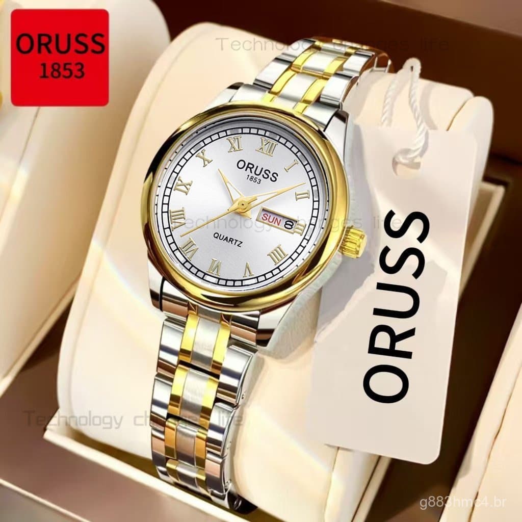 Relógio de Pulso Feminino ORUSS Original em Aço Inoxidável, Luminoso, com Duplo Calendário, Luxuoso, à Prova d'Água, Dou