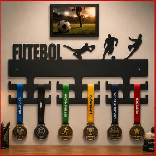 Porta Medalha Suporte Expositor De Medalhas Esportivas Pra Parede Decorativo Futebol Mdf Preto + Porta Retrato 15x10