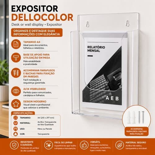 Expositor Para Relatórios A4 Transparente De Mesa ou Parede Porta Papeis Aviso Cartaz Display A4