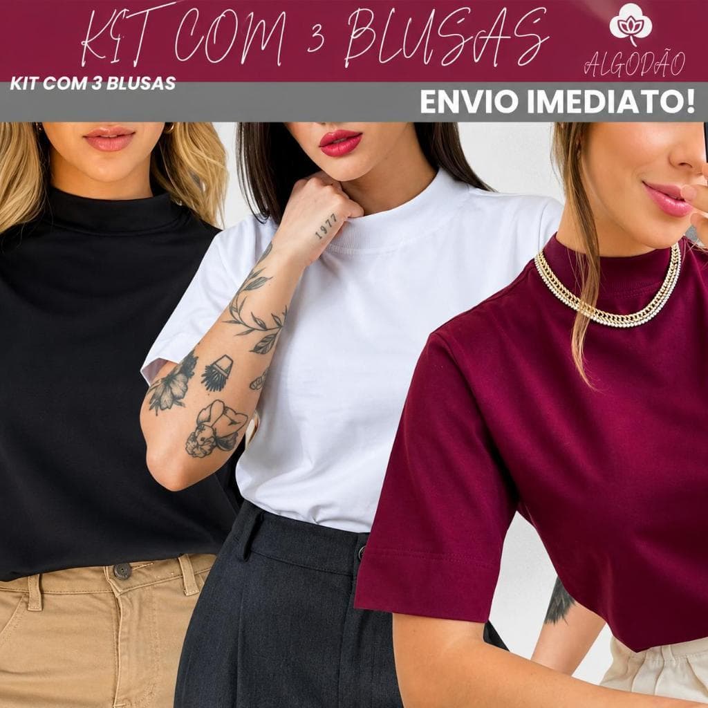 Unidade ou Kit com 3 Blusa Feminina Estilosa T -Shirt Gola Alta 100% Algodão