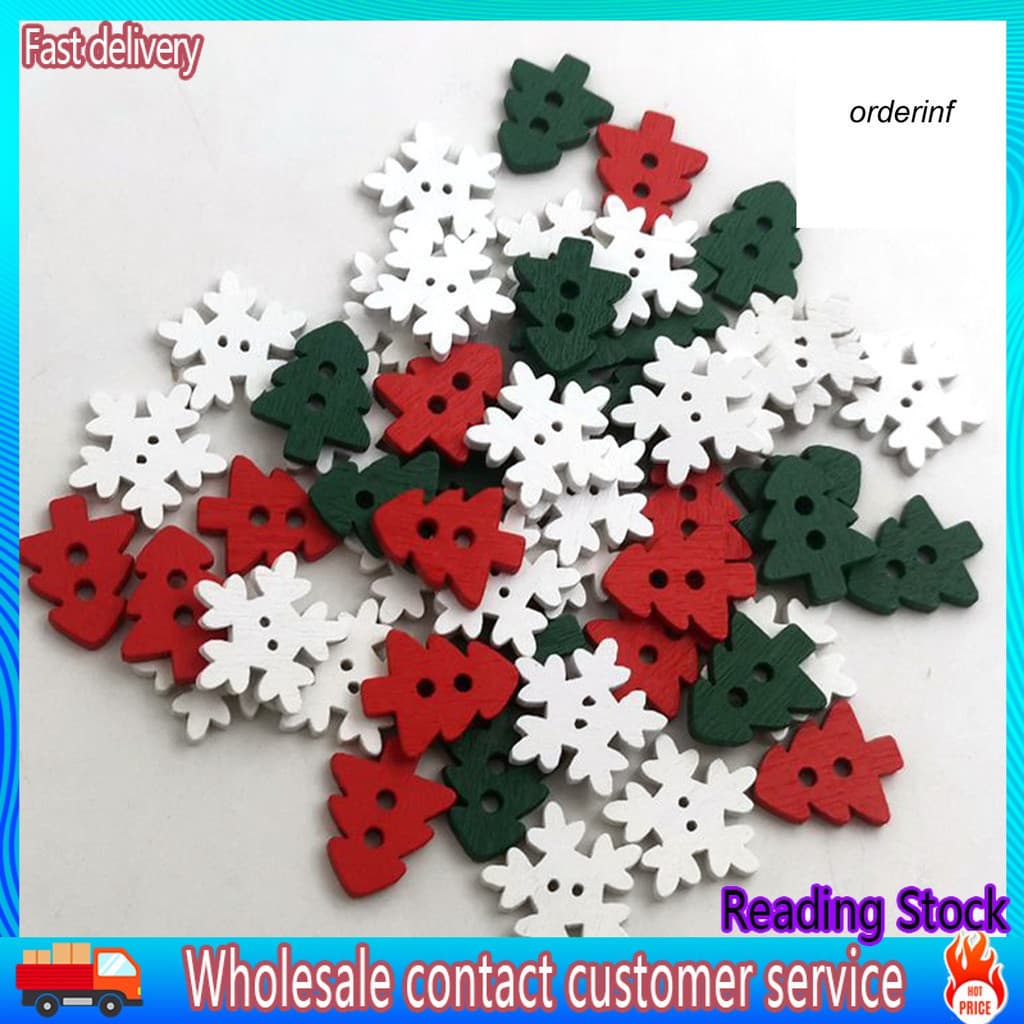Or_50Pcs Botão De Madeira Em Formato De Árvore De Natal / Flocos De Neve Com 2 Furos