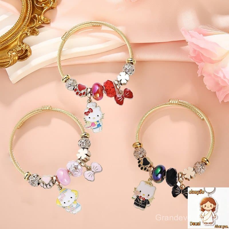 Pulseiras De Aço Inoxidável Com Pingente De Laço , Moda Feminina , Desenho Animado , Hello Kitty , Charmosas