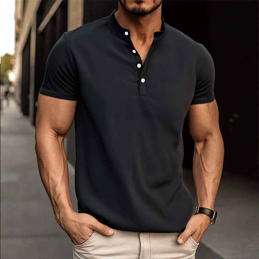 Camiseta masculina de manga curta, cor sólida, tamanho europeu, nova coleção de verão, estilo polo com botões, moda euro