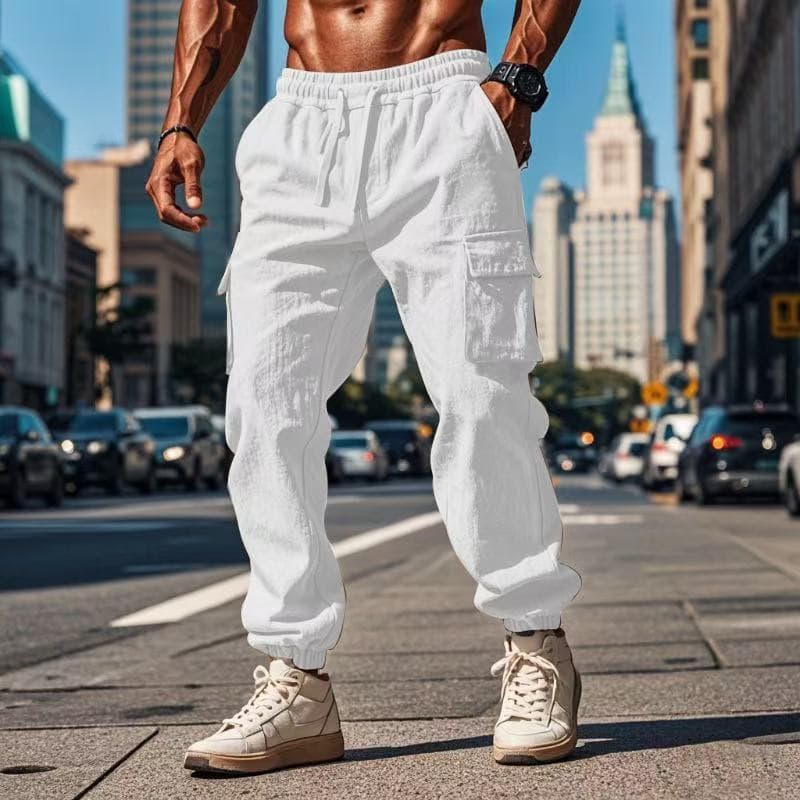 Novas Calças Cargo Masculinas Casuais de Primavera com Múltiplos Bolsos e Cintura Ajustável, Calças Jogger de Algodão-Li