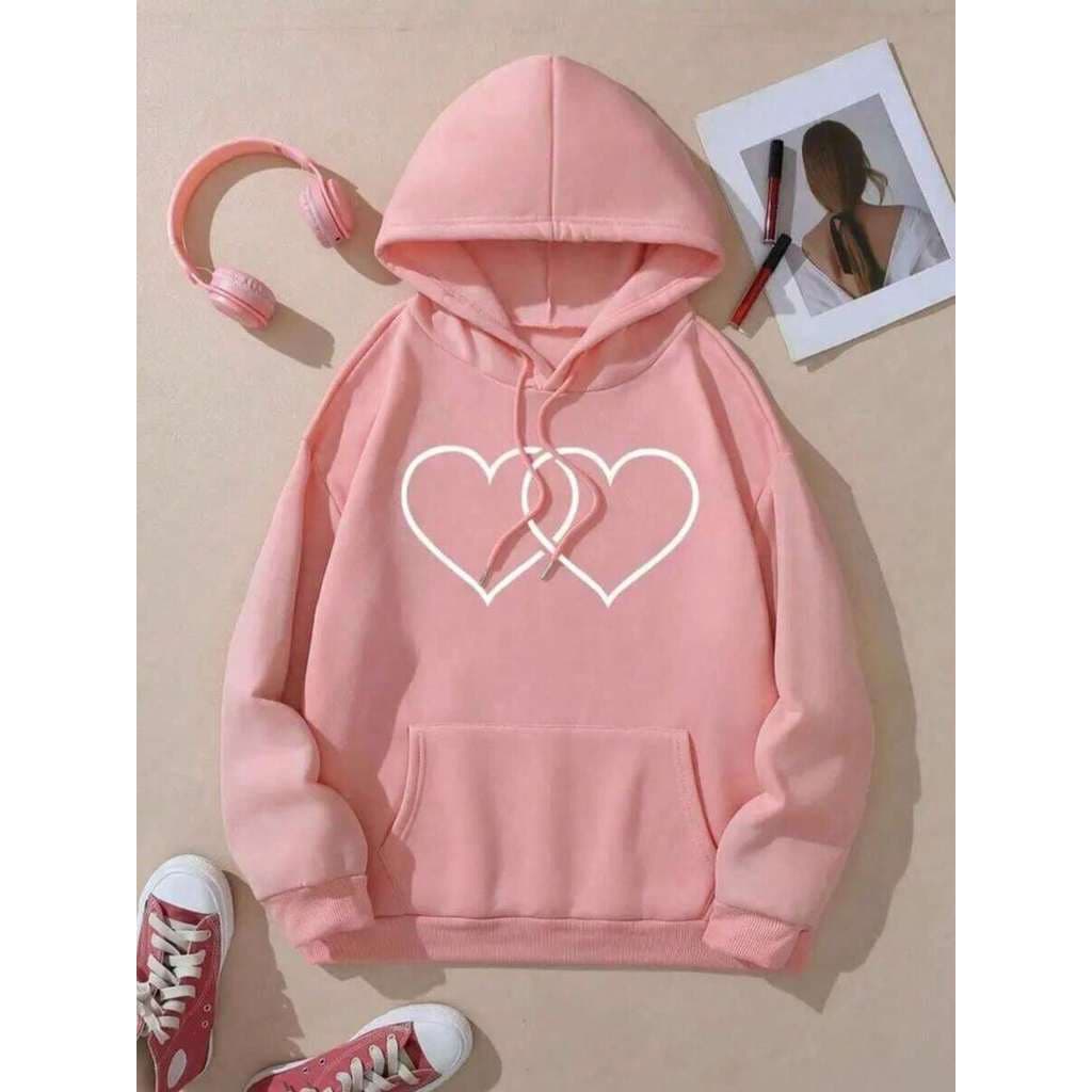 Moletom Canguru feminino Estampa Dois Corações Moda Blogueirinha Casual Moda Inverno e Outono Blusa de Frio de Algodão C
