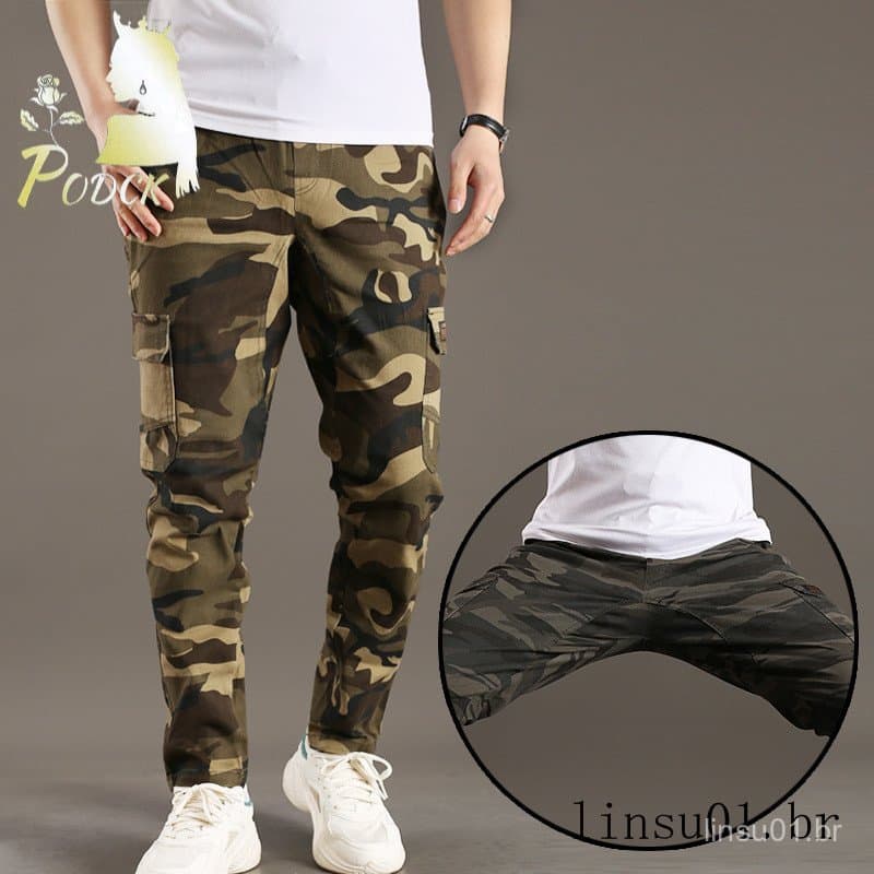 Macacão reto masculino primavera outono calças camufladas estiramento calças soltas calças casuais calças masculinas
