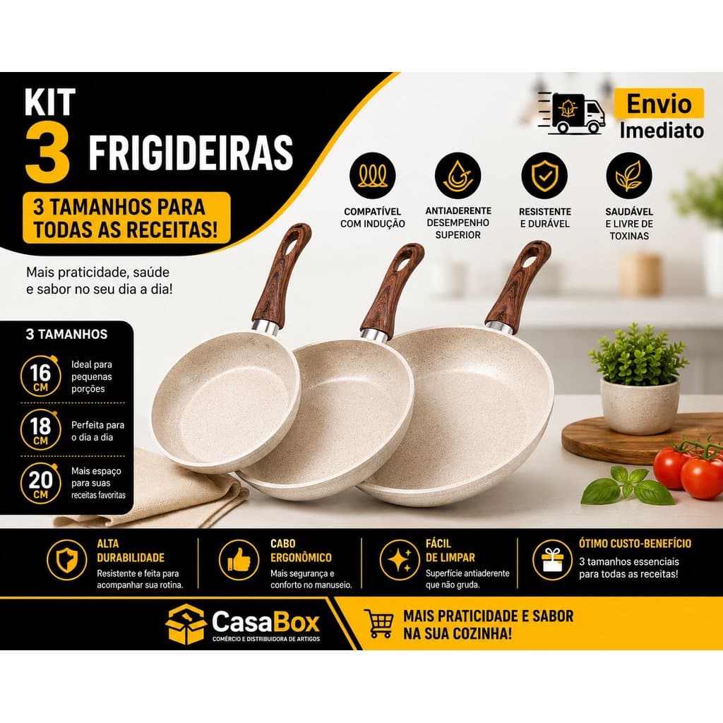 Jogo 3 Frigideiras 20cm, 18cm e 16 cm  Cerâmica Antiaderente Indução Cabo Antitérmico Fogão Gás Elétrico  multiuso