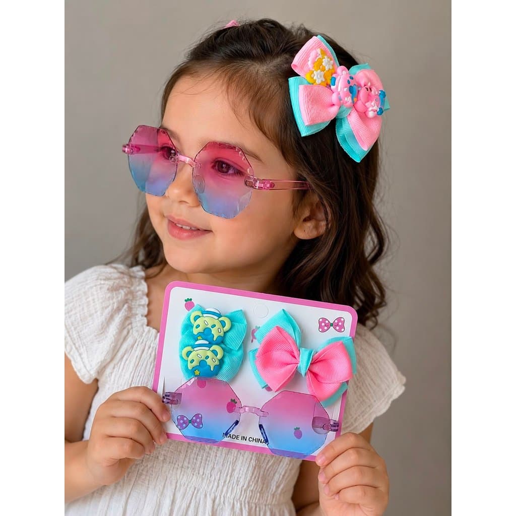 Kit Infantil Óculos de Sol + 1 Par de Laços Pequeno + 1 Laço Médio | Acessórios para Meninas