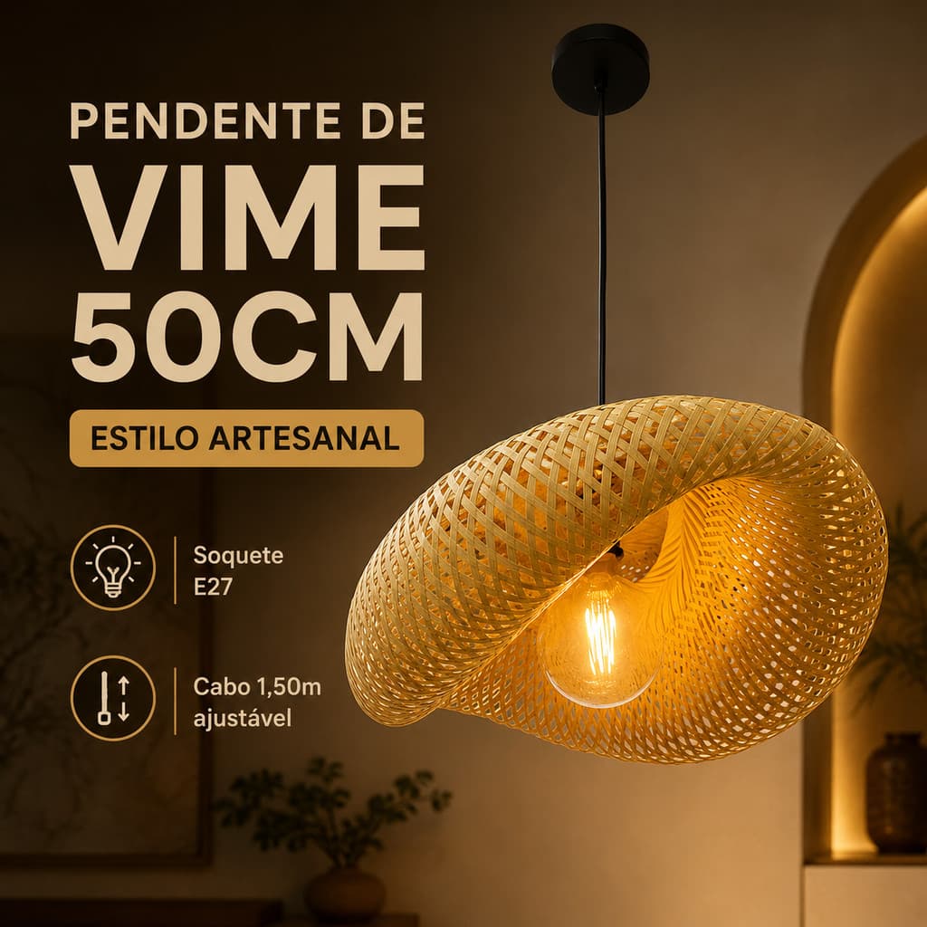 Pendente De Vime Estilo Palha Lustre Artesanal Boho Sala Jantar Varanda Gourmet 50cm Bivolt