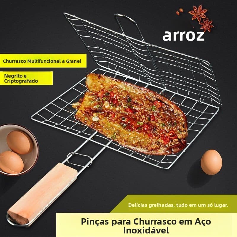 Grelha de aço inoxidável para churrasco, pinça de churrasco doméstica, pinça para grelhar peixe, cordeiro e vegetais, pi