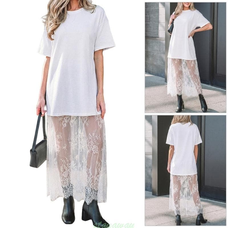 Loose Fit Casual Short Sleeve T-Shirt Dress Round Neck Lace Splicing for Women