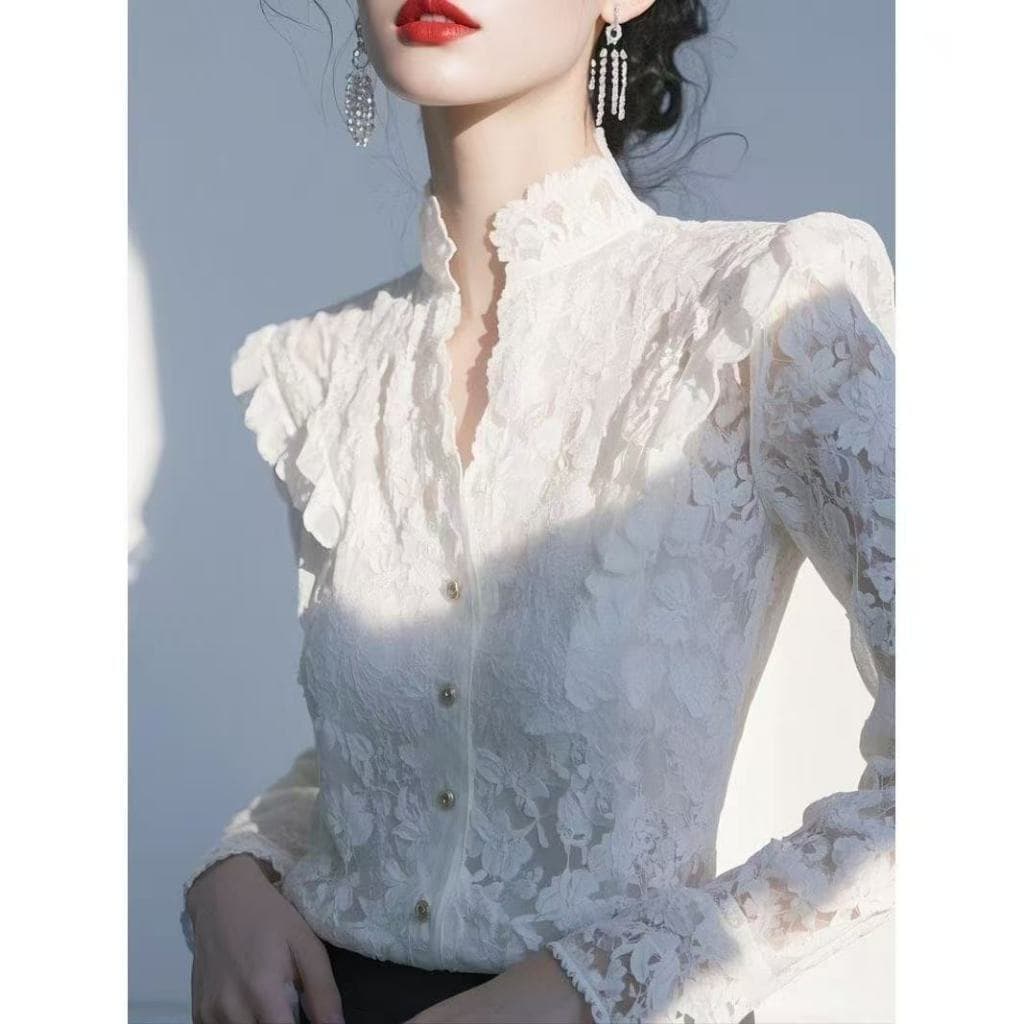 Estilo Coreano Feminino Fino Plissado Renda Camisa De Manga Longa Blusa Nova