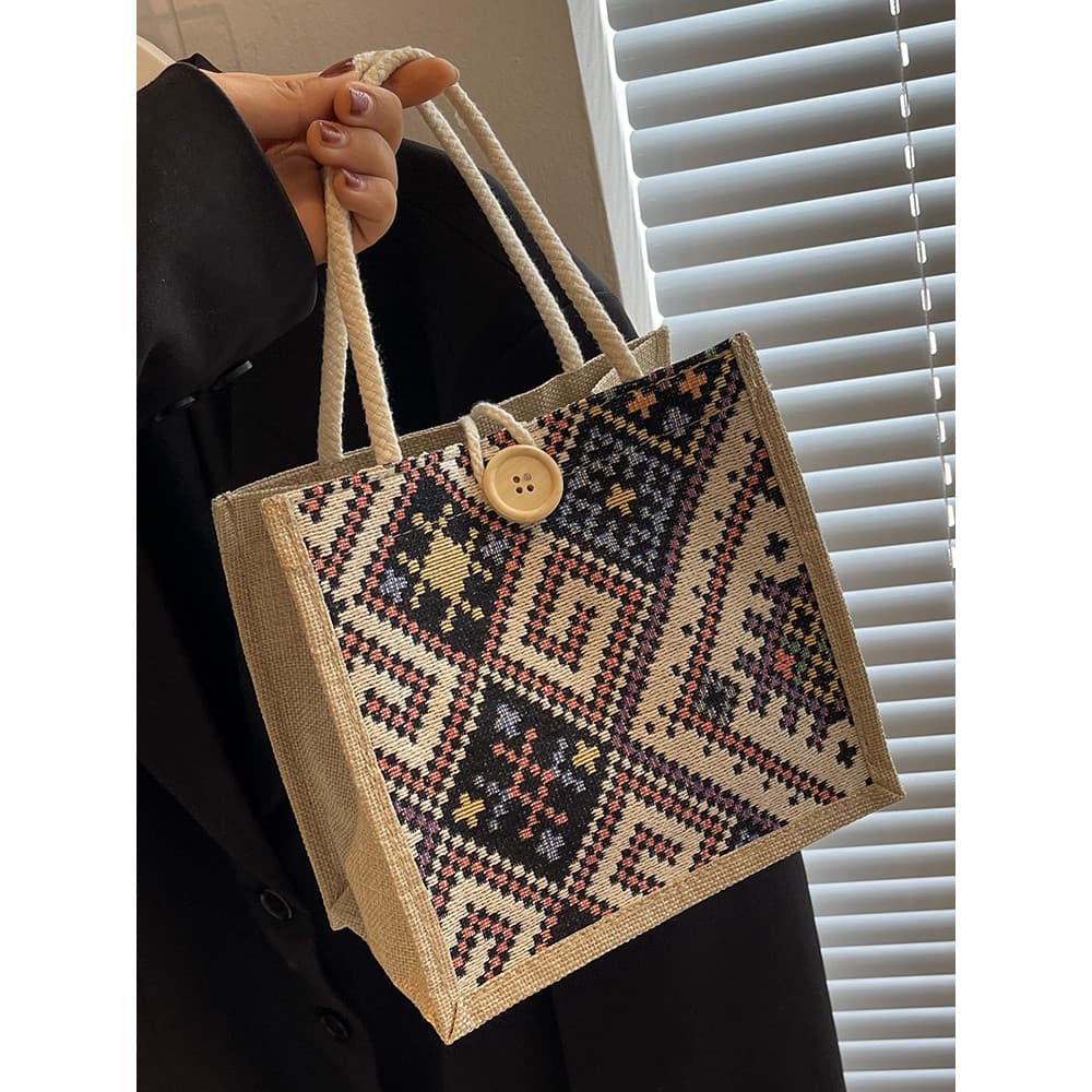 Estilo étnico bolsa de lona feminina verão novo estilo moda passeio portátil linho lancheira saco mão transportar saco m
