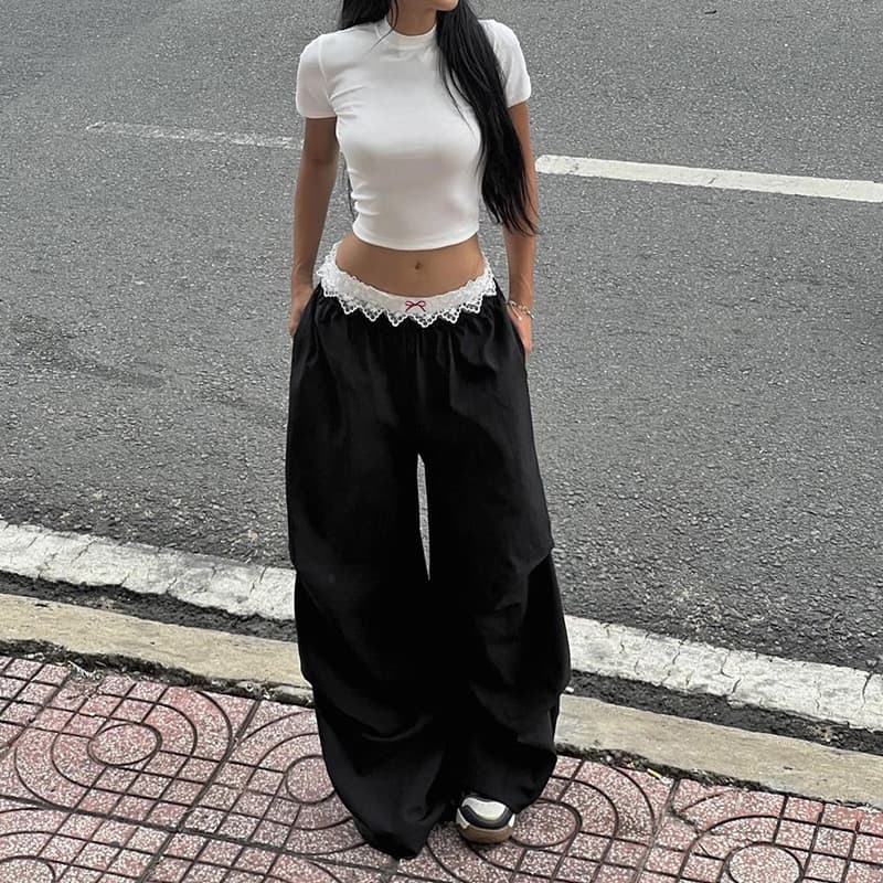 Calça Feminina De Renda patchwork De Rua calca , Cintura Contrastante E De Trabalho , Tecido Com Perna Larga Na Altura D