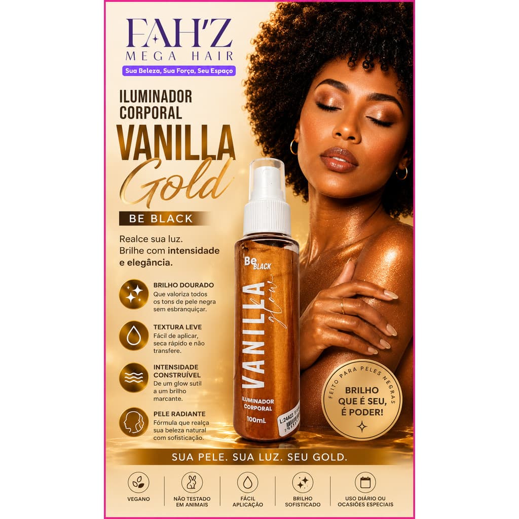 Iluminador Corporal Dourado Vanilla Gold, da linha Be Black