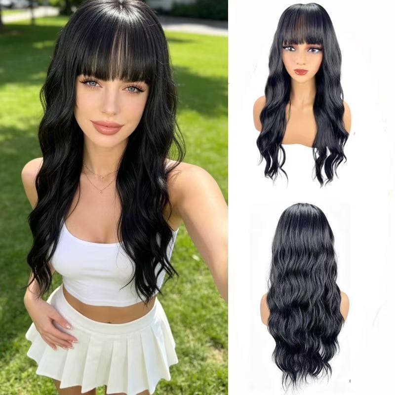 ￼ Perucas femininas europeias e americanas com cabelo longo e cacheado e franja, realistas e naturais, feitas de fibra s