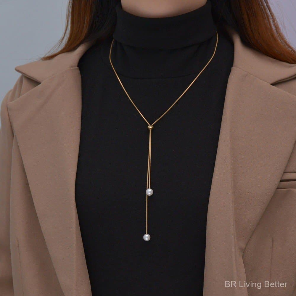 Colar ajustável em formato de Y com pingente de pérola estilo coreano e japonês, adequado para mulheres e meninas, ideal