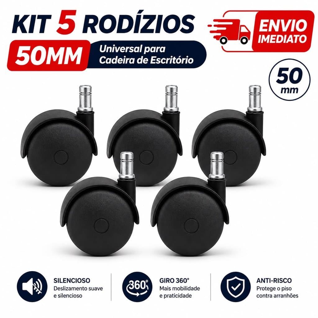 Kit 5 Rodinhas Rodízio Giratório 50mm Para Cadeira De Escritório E Móveis Reforçado Sem Risco