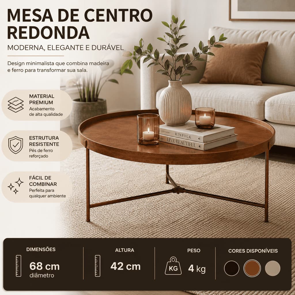 Mesa De Centro Redonda 68cm Moderna Para Sala Madeira E Ferro Industrial