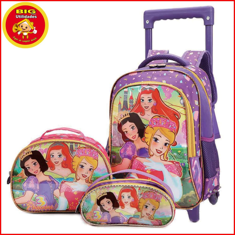 Kit Mochila de Rodas Lancheira e estojo Infantil Feminina Resistente Escolar Creche Menina Princesa