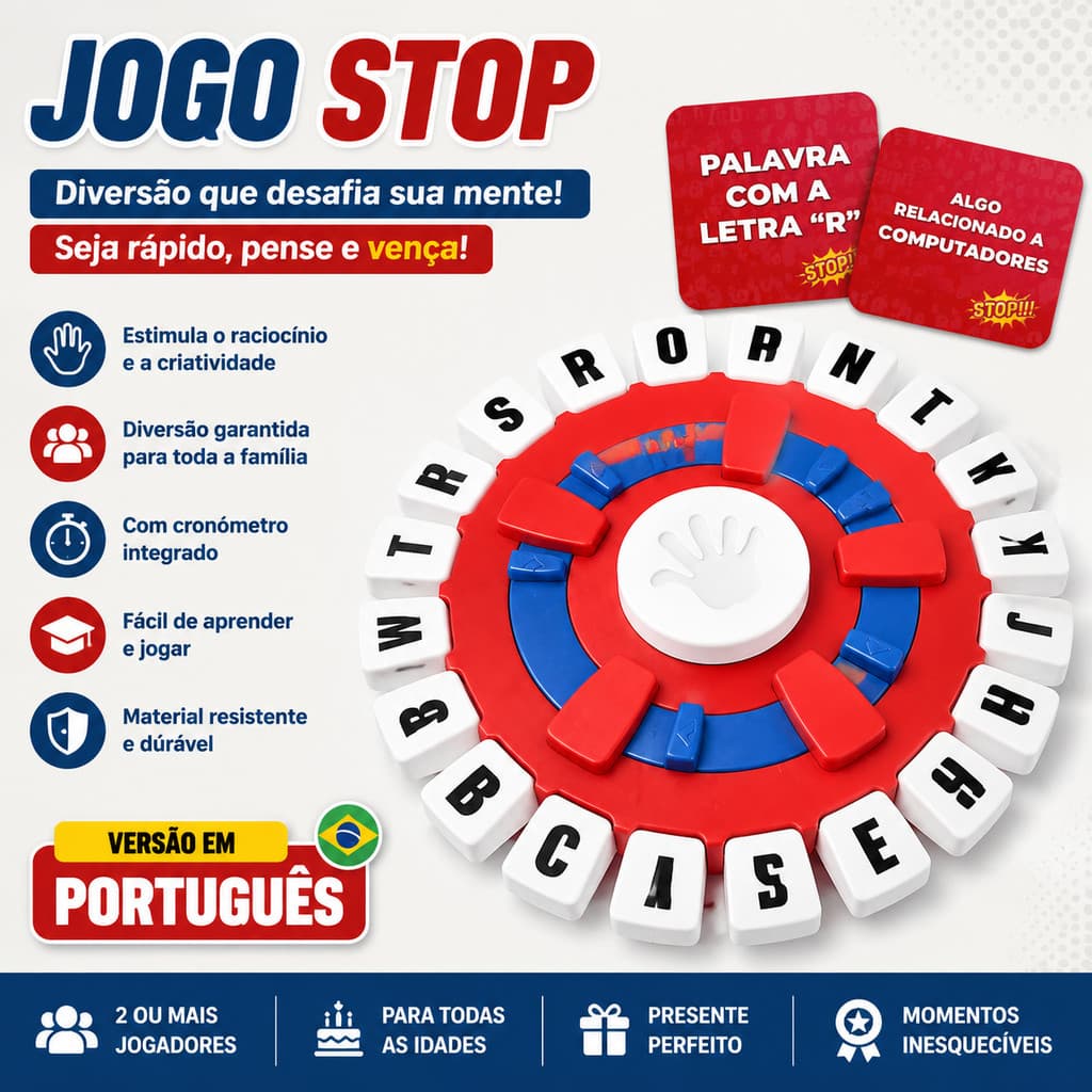 Jogo de Tabuleiro Stop que Trava Letras com Temporizador GRANDE 24cm Tipo Tapple 【Versão em Português】