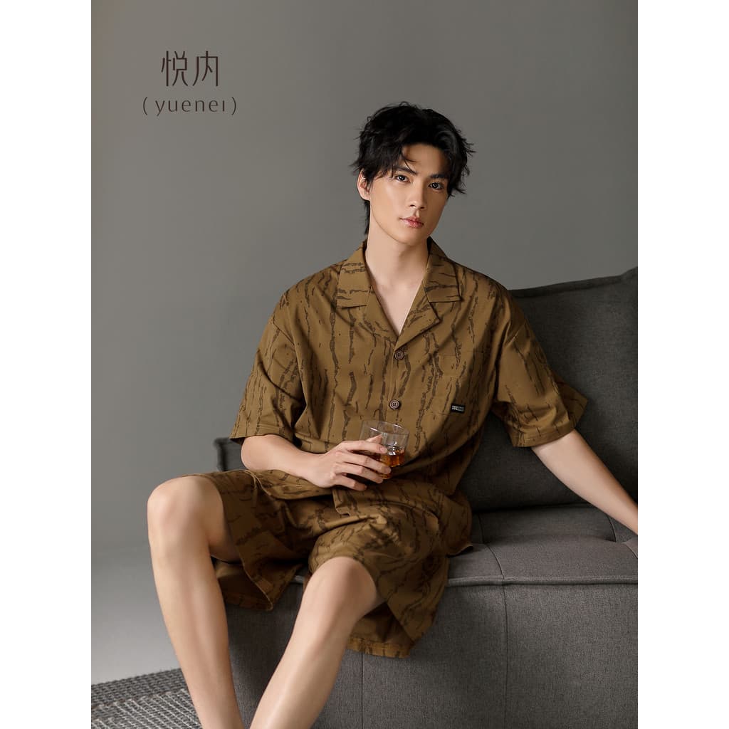 Yue pijamas internos masculinos verão estilo puro algodão Shorts de manga curta tamanho grande Loungewear textura listra