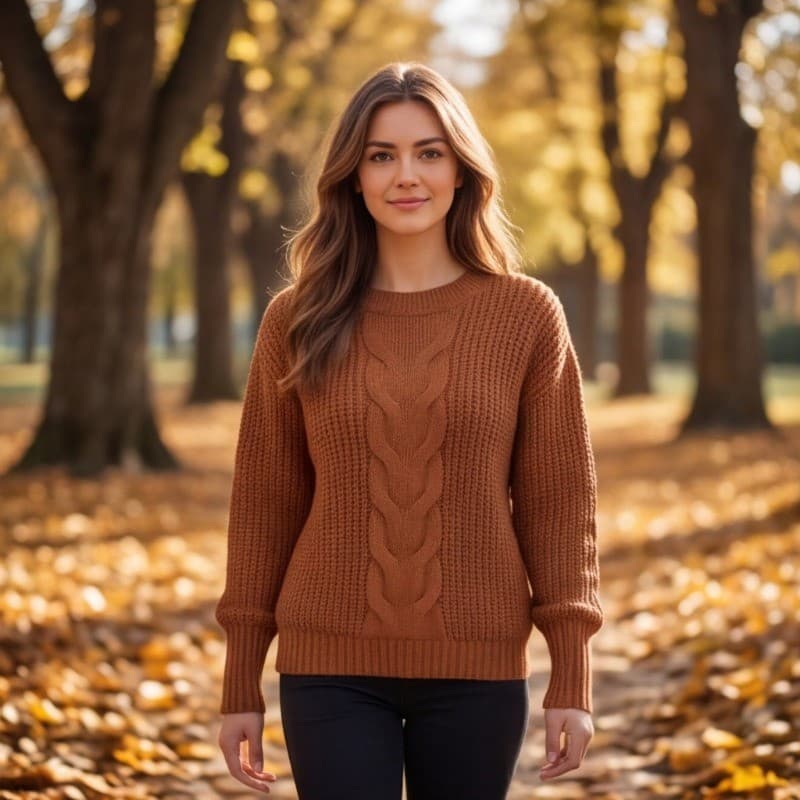 Blusa Feminina em Tricô Trança Manga Longa Gola Redonda Casual Elegante Outono Inverno