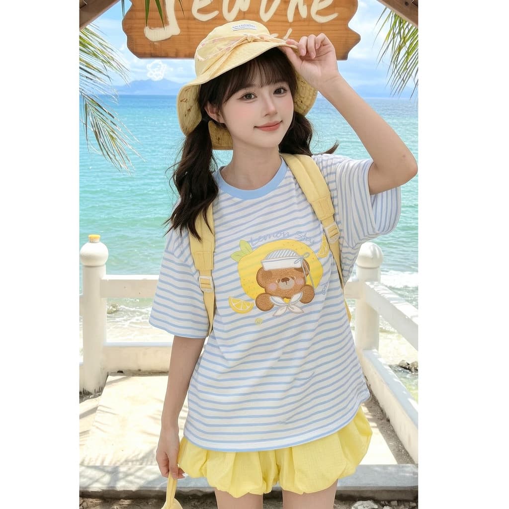 Mori feminino tribo japonês listrado camiseta feminina bonito engraçado urso verão de manga curta feminino impresso solt