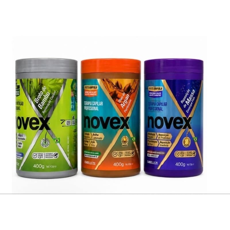 Kit Cronograma Capilar Novex 3x400g Broto de Bambu Óleo de Argan Reposição de Massa Hidratação Nutrição Reconstrução
