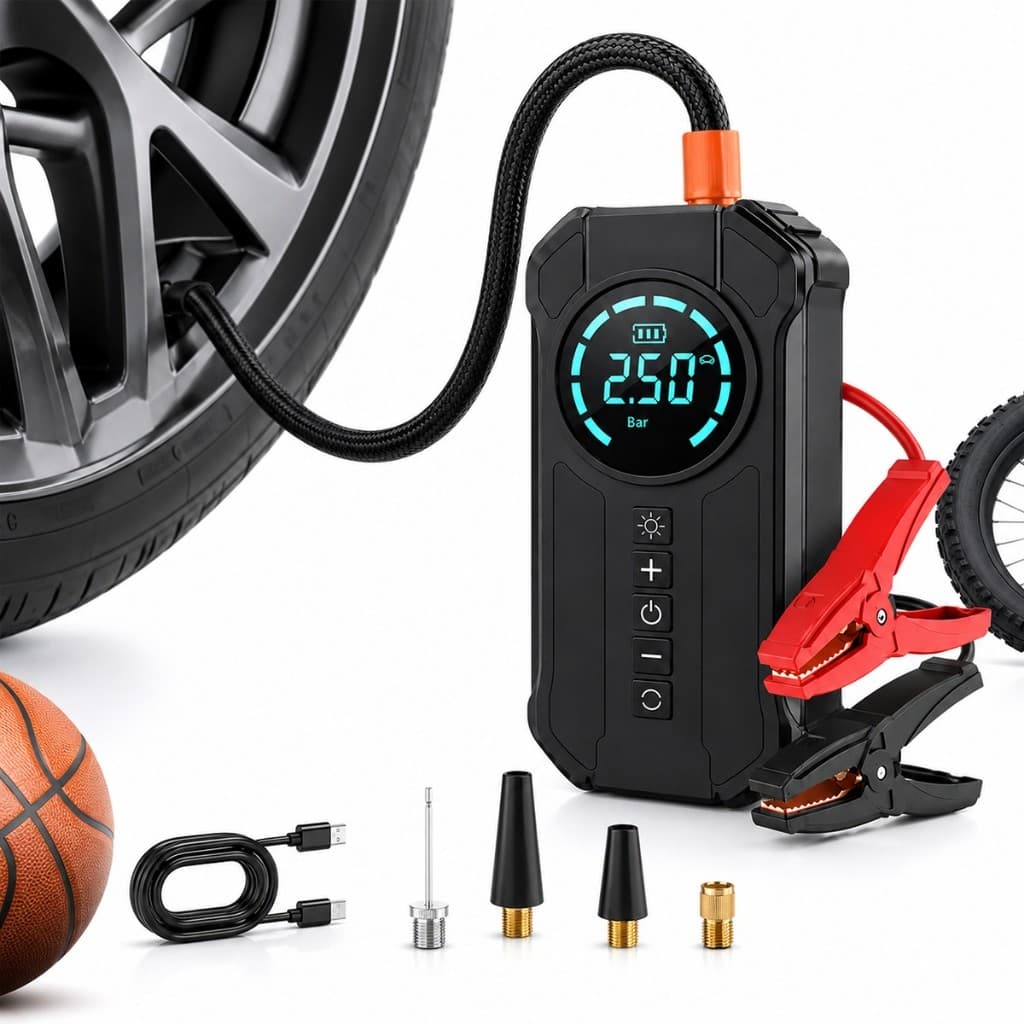 Bomba de Ar Portátil Compressor Multiuso 4 em 1 Power Bank 8000mAh Inflador 12V para Carro Moto Bicicleta Pneus Digital