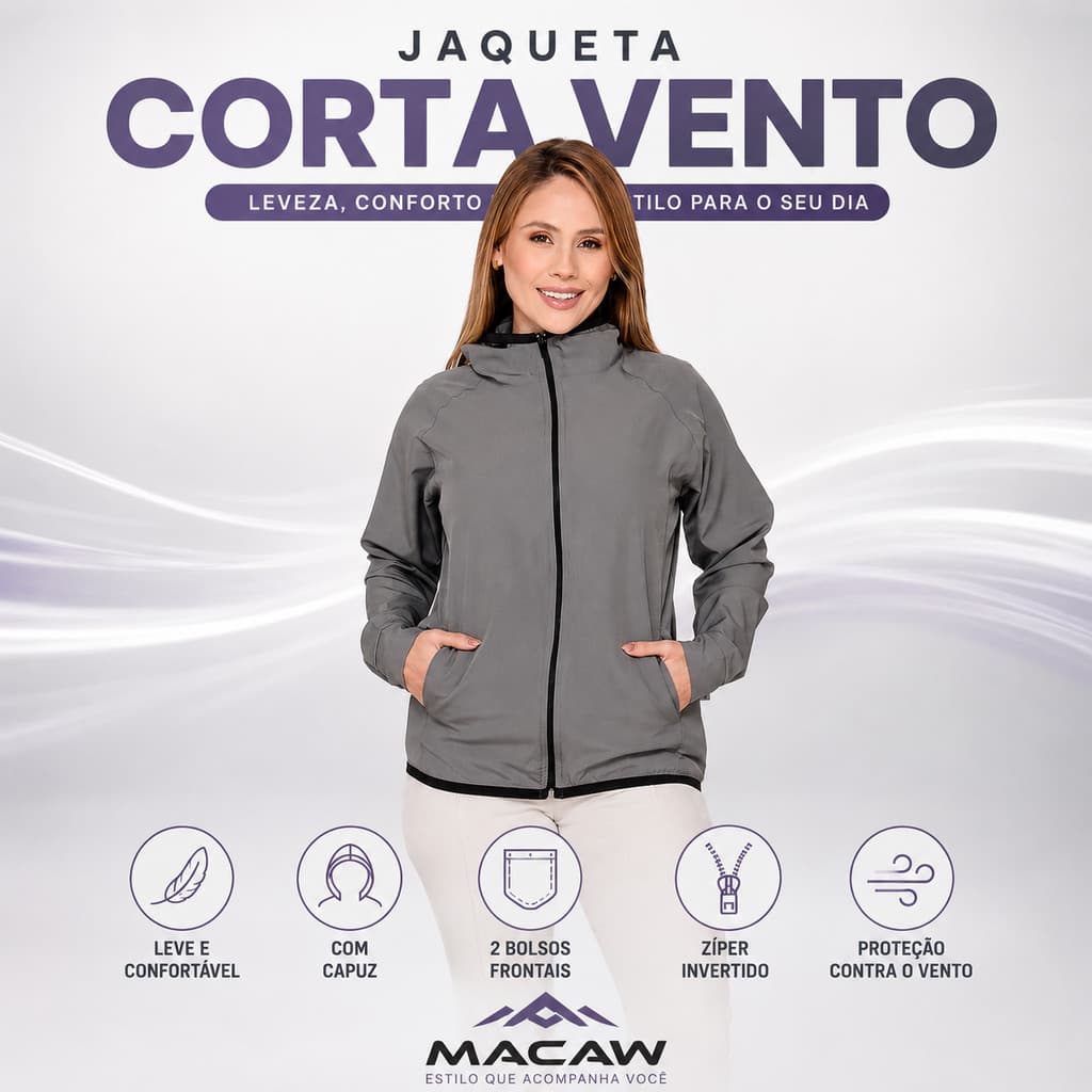 Jaqueta Corta Vento Feminina Cinza Macaw com Capuz Bolsos Zíper Leve