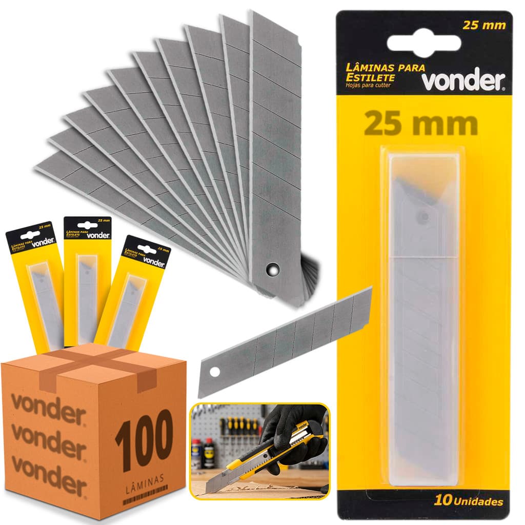 Kit Lâmina Para Estilete 25mm Tubete 100 Peças Aço Segmentada Profissional Alta Qualidade Vonder