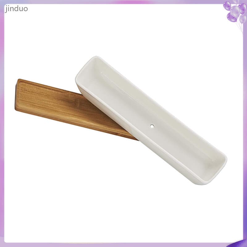 🎤 Vaso De Cerâmica Branco Retangular Para Suculentas Com Base De Bambu