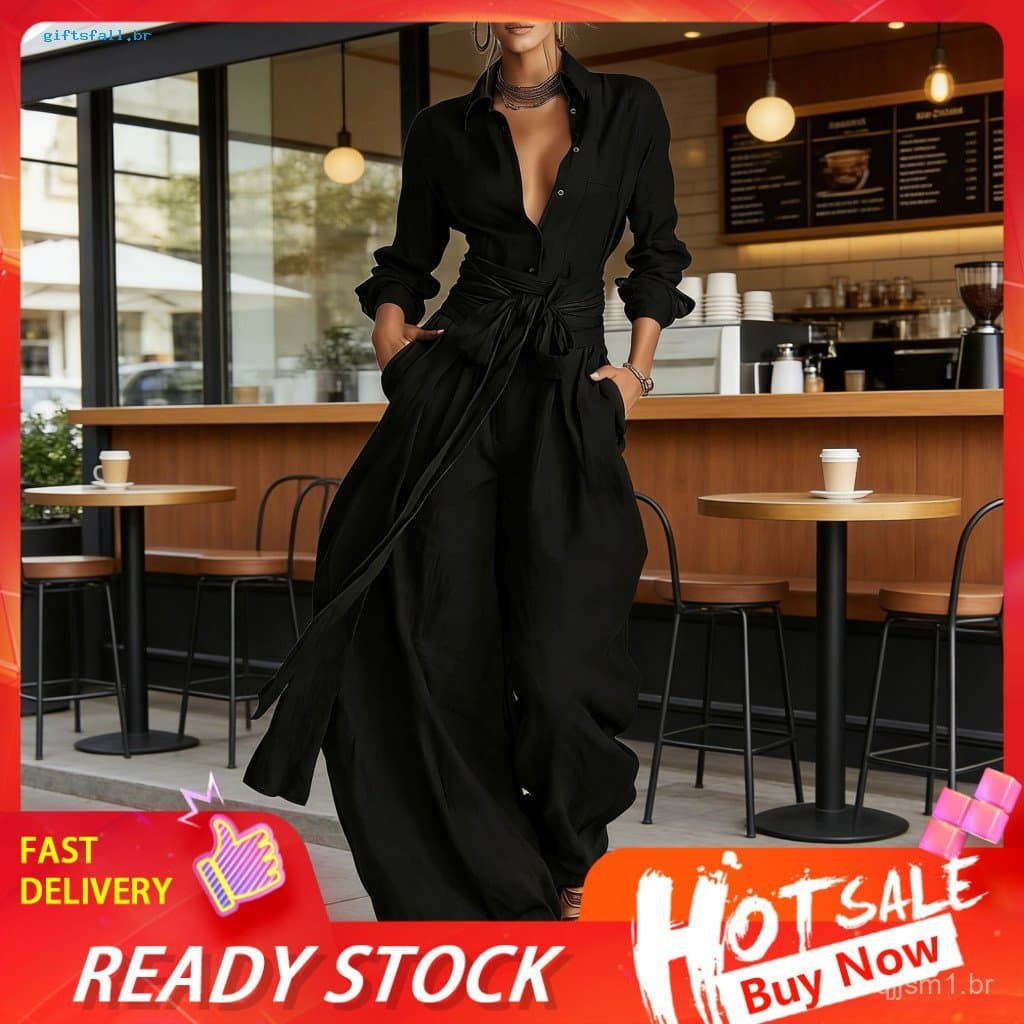 Conjunto de Roupas de Lazer Elegantes para Mulheres, Corte Solto, Duas Peças – Camisa de Manga Longa com Botões e Calça